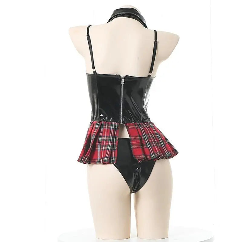 Seductive Latex Student Lingerie Bodysuit with Tartan Plaid Accents - Costumes