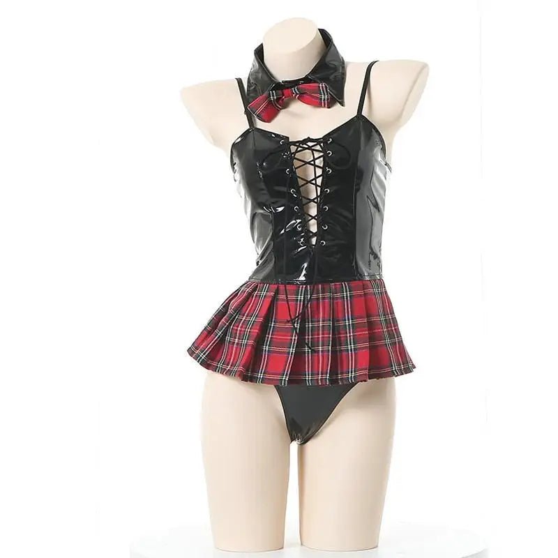 Seductive Latex Student Lingerie Bodysuit with Tartan Plaid Accents - Cosparty