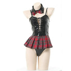 Seductive Latex Student Lingerie Bodysuit with Tartan Plaid Accents - Cosparty