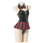 Seductive Latex Student Lingerie Bodysuit with Tartan Plaid Accents - Costumes