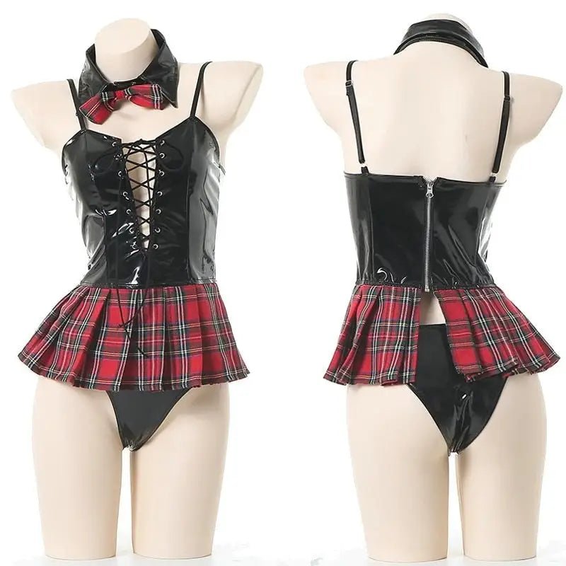 Seductive Latex Student Lingerie Bodysuit with Tartan Plaid Accents - Cosparty
