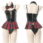 Seductive Latex Student Lingerie Bodysuit with Tartan Plaid Accents - Cosparty