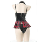 Seductive Latex Student Lingerie Bodysuit with Tartan Plaid Accents - Cosparty