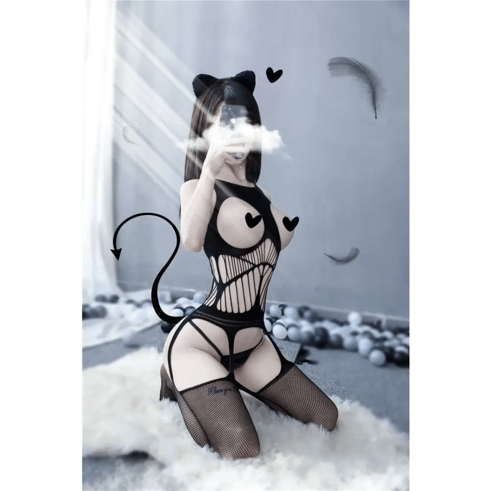 Seductive Nylon Mesh Bodystocking with Open Chest for Nipple Covers - Cosparty
