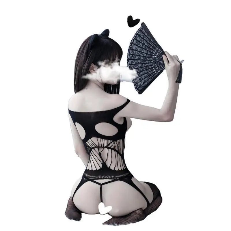 Seductive Nylon Mesh Bodystocking with Open Chest for Nipple Covers - Cosparty