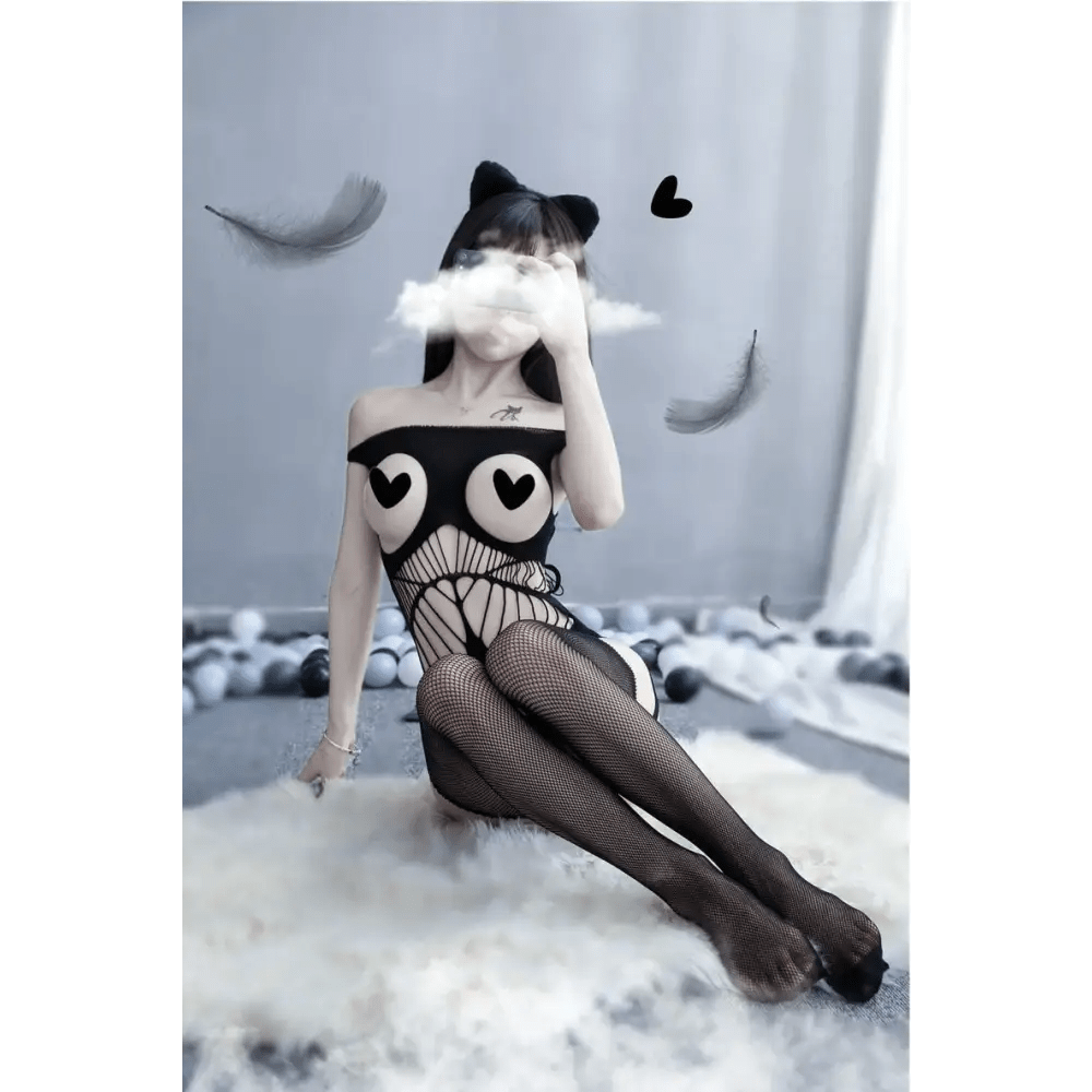 Seductive Nylon Mesh Bodystocking with Open Chest for Nipple Covers - Cosparty