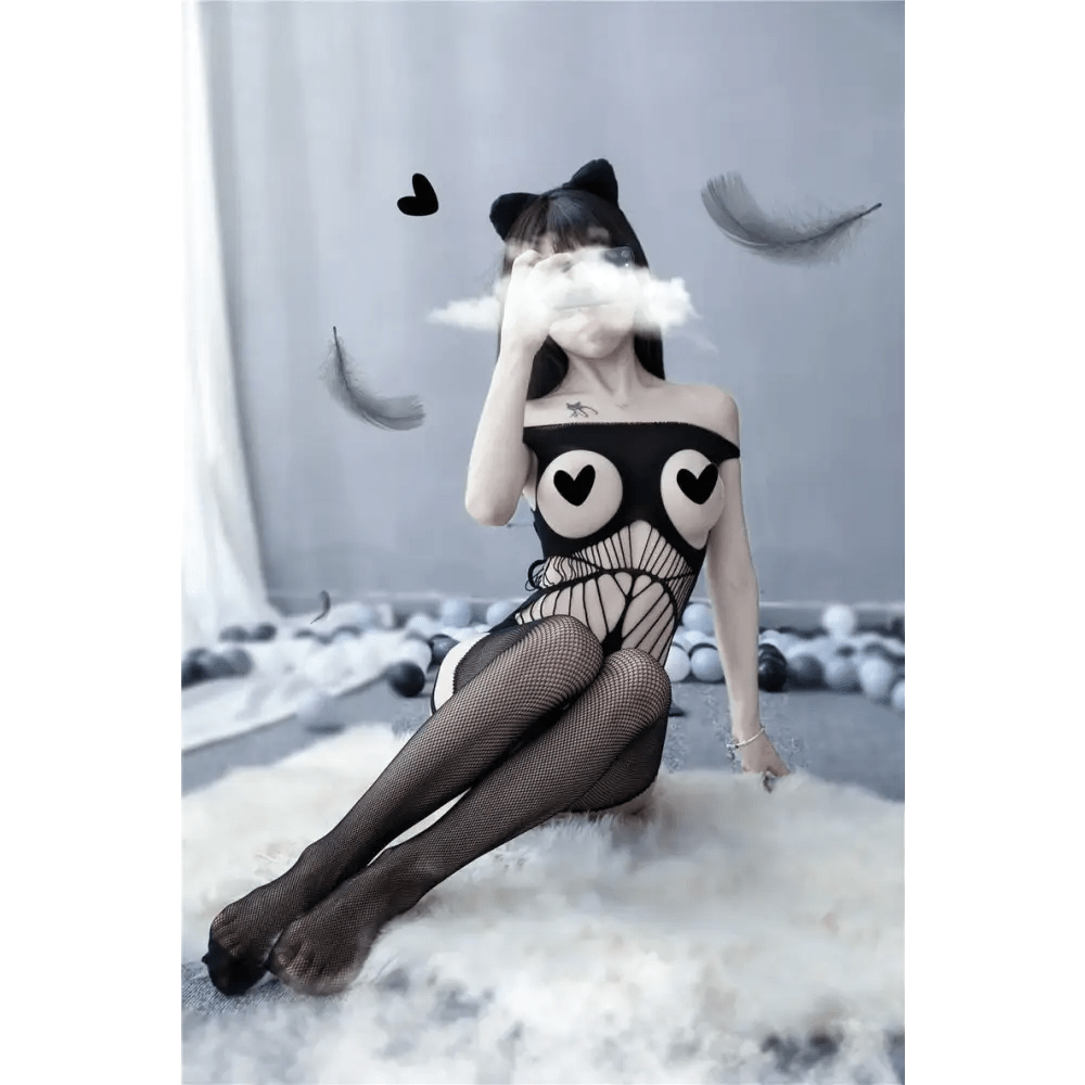 Seductive Nylon Mesh Bodystocking with Open Chest for Nipple Covers - Cosparty