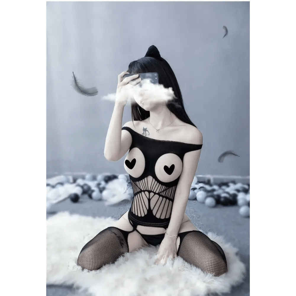 Seductive Nylon Mesh Bodystocking with Open Chest for Nipple Covers - Cosparty
