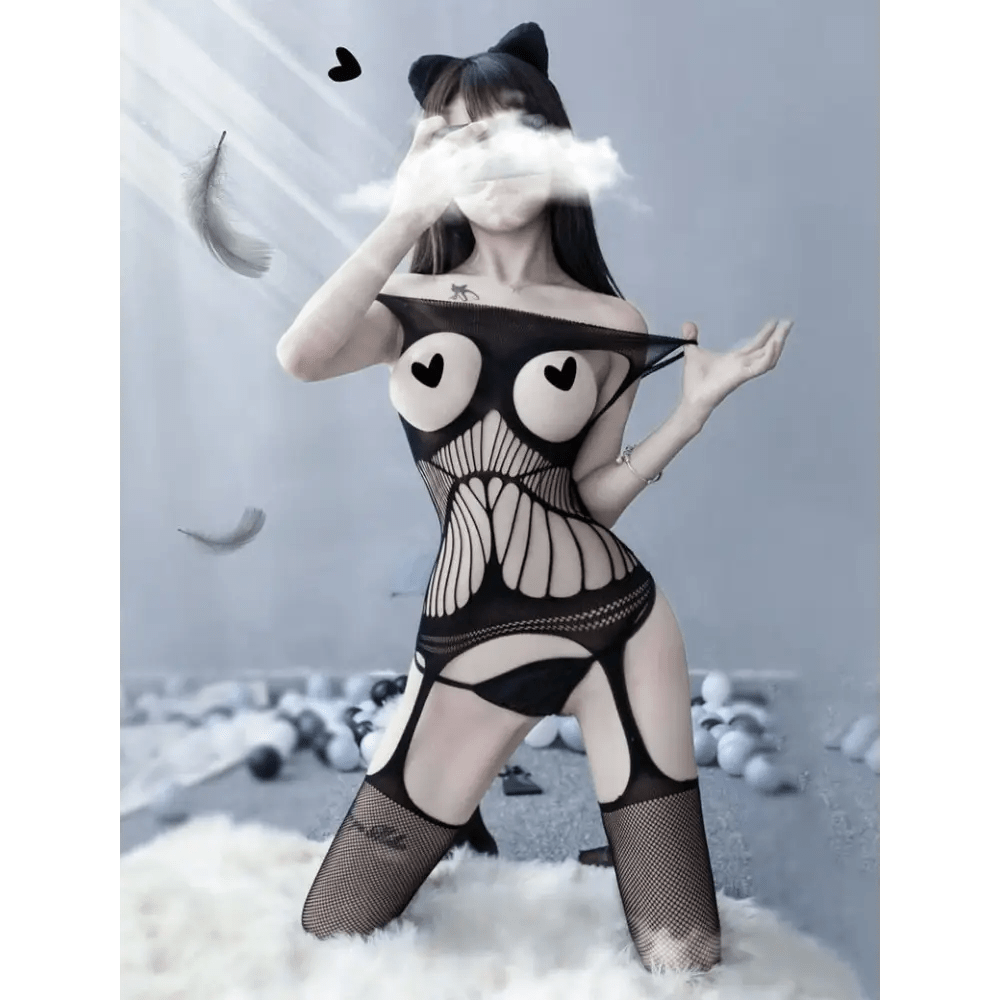 Seductive Nylon Mesh Bodystocking with Open Chest for Nipple Covers - Cosparty