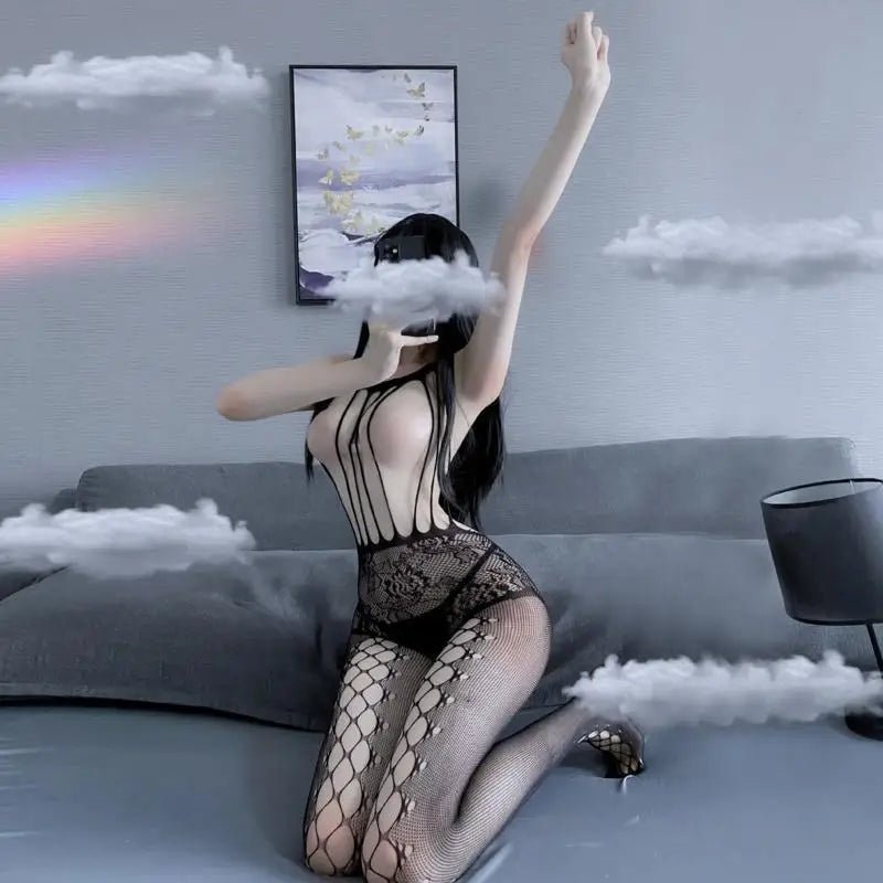 Seductive Nylon Mesh Peekaboo Bodystocking with Nipple Covers Showcase - Cosparty