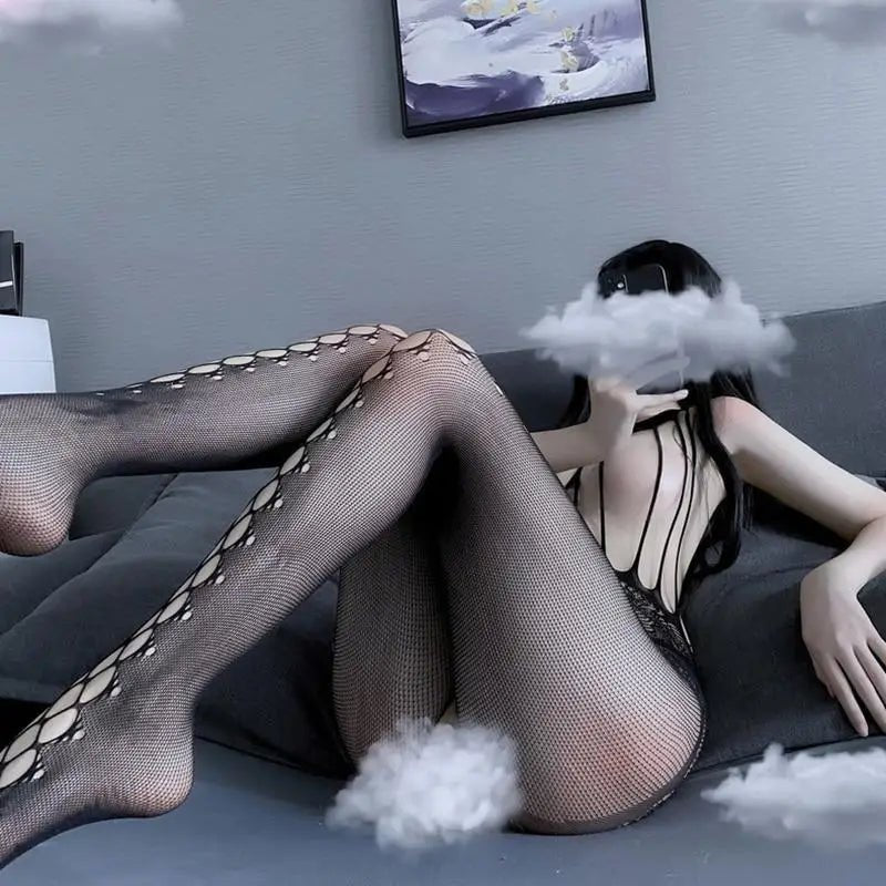 Seductive Nylon Mesh Peekaboo Bodystocking with Nipple Covers Showcase - Cosparty