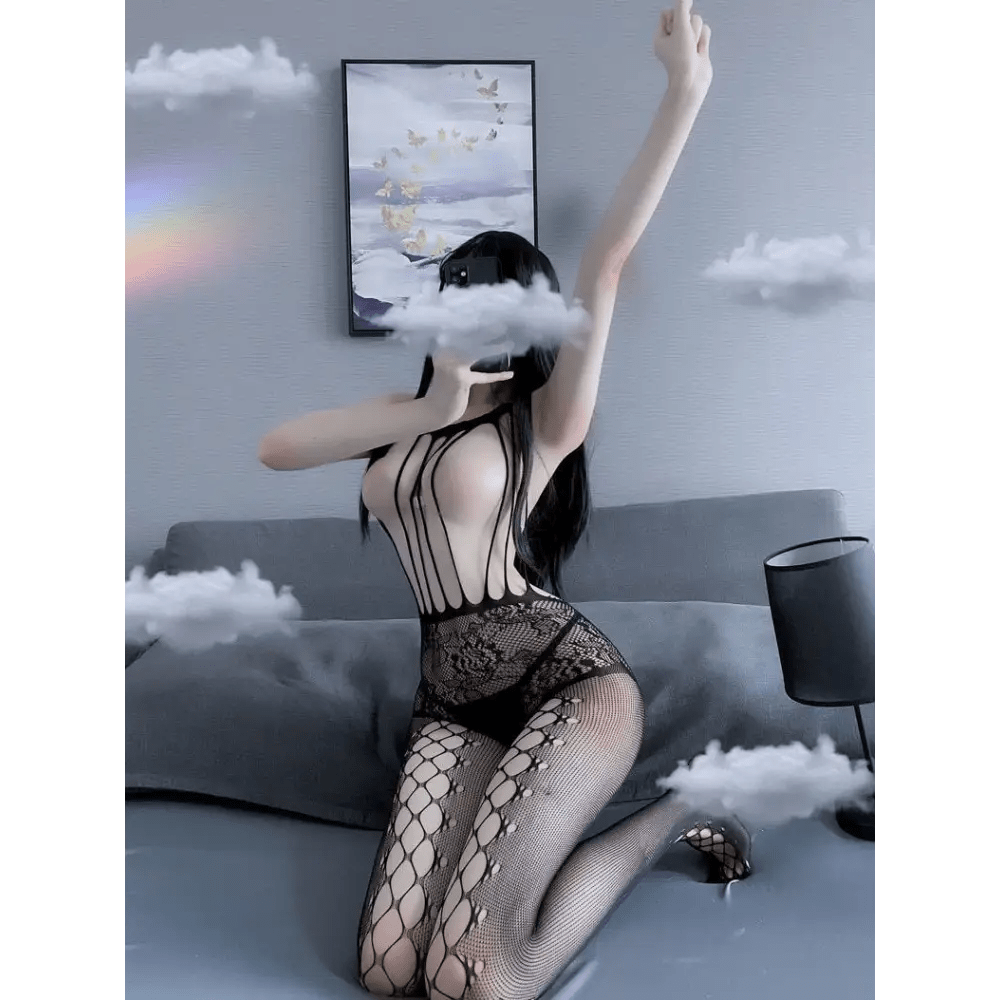 Seductive Nylon Mesh Peekaboo Bodystocking with Nipple Covers Showcase - Cosparty