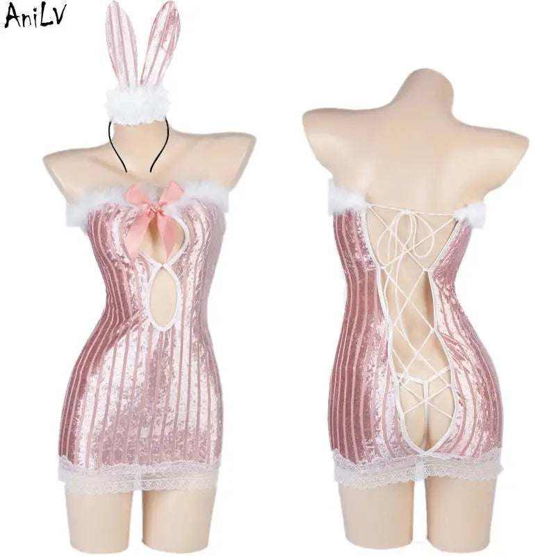 Seductive Pink Velour Peekaboo Dress with Bunny Ears and Lace Trim - Costumes