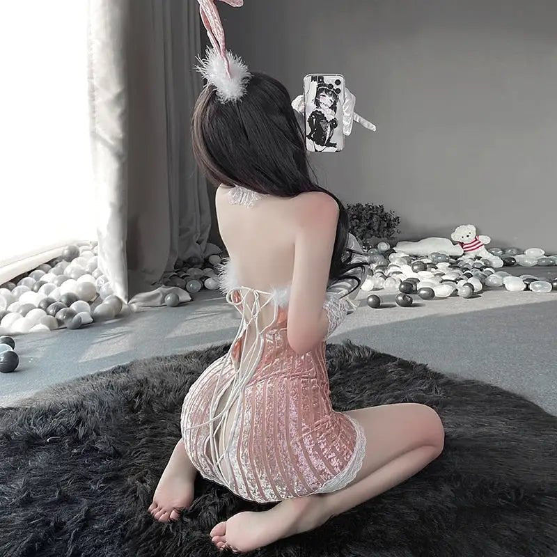 Seductive Pink Velour Peekaboo Dress with Bunny Ears and Lace Trim - Cosparty