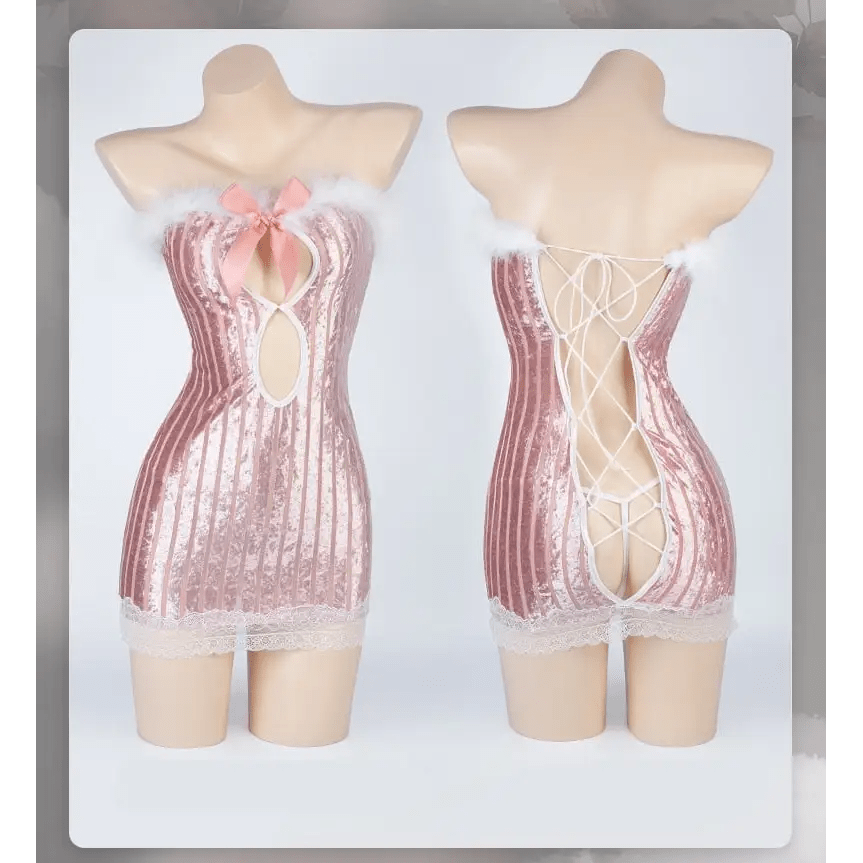 Seductive Pink Velour Peekaboo Dress with Bunny Ears and Lace Trim - Cosparty