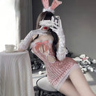 Seductive Pink Velour Peekaboo Dress with Bunny Ears and Lace Trim - Costumes