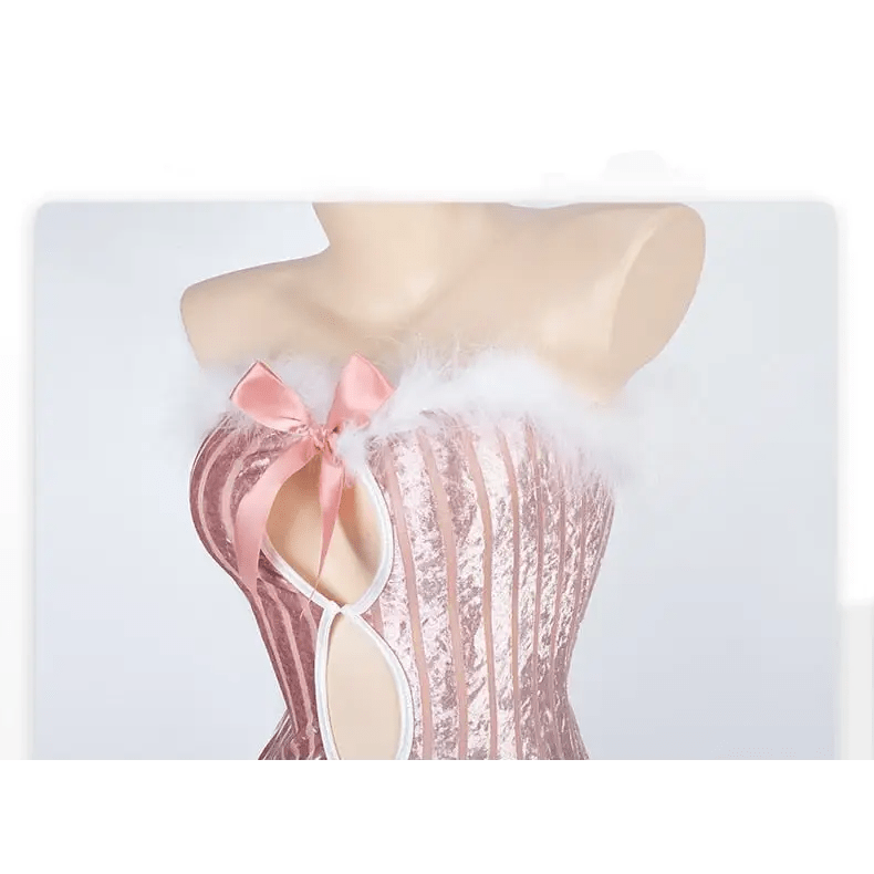 Seductive Pink Velour Peekaboo Dress with Bunny Ears and Lace Trim - Cosparty