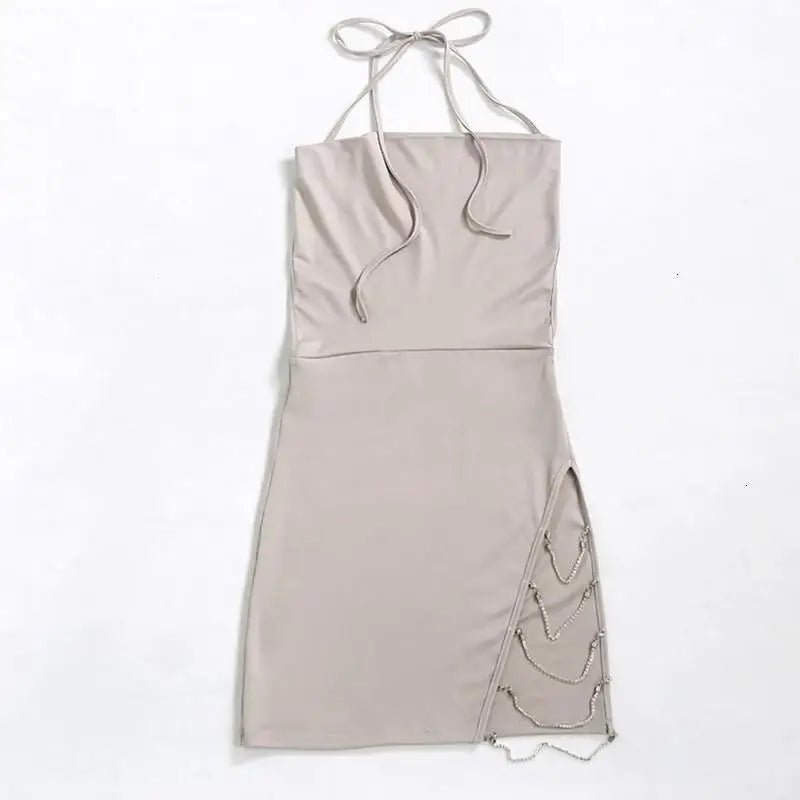 Seductive Satin Dress with Rhinestone Chains and High Slit - Cosparty