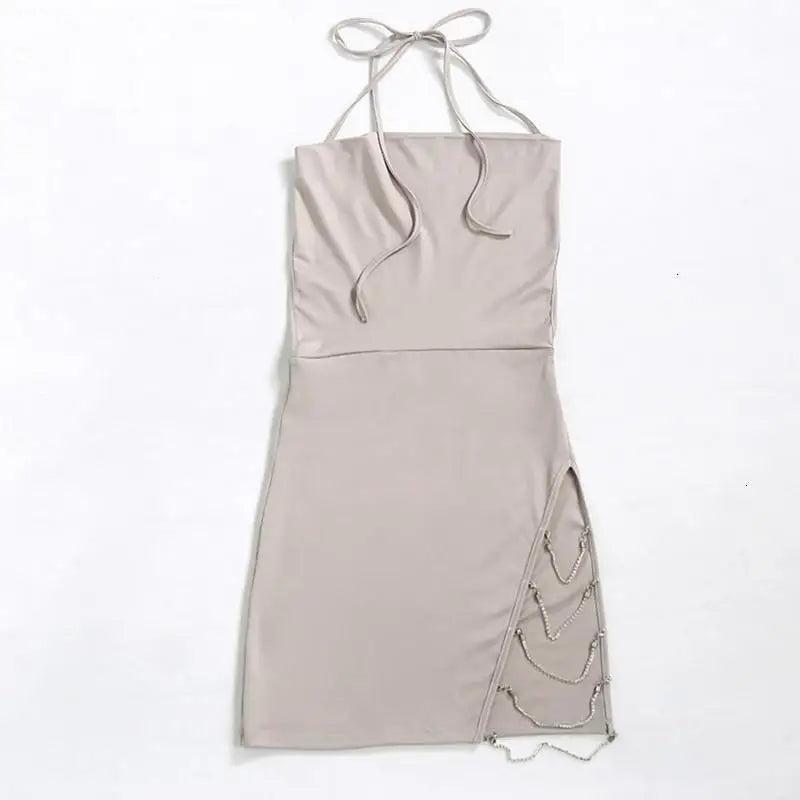 Seductive Satin Dress with Rhinestone Chains and High Slit - dress