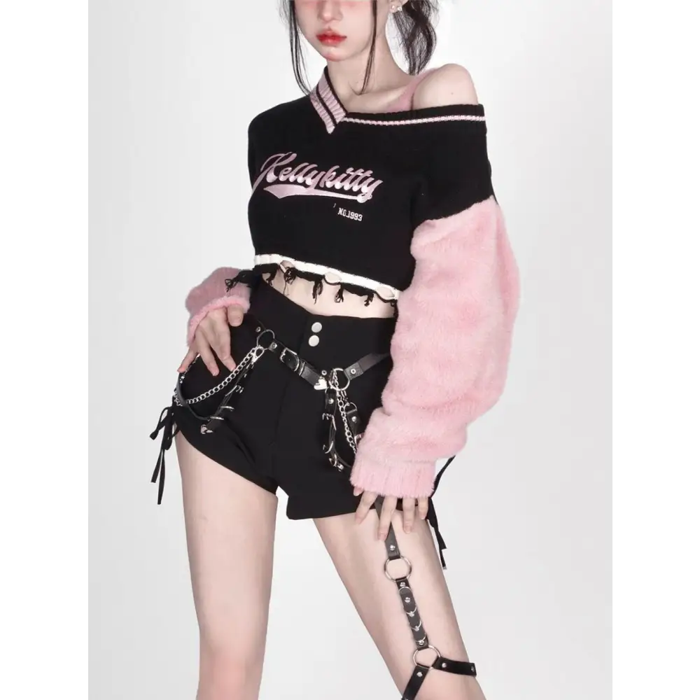 Shadow Blossom Cropped Sports Jacket in Pink and Black - sweater