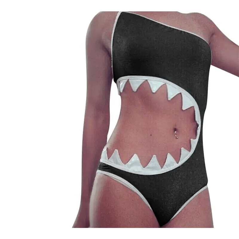 Shark Teeth One - Shoulder Asymmetrical One Piece Bathing Suit - Cosparty
