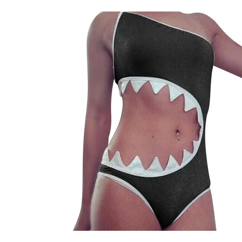 Shark Teeth One-Shoulder Asymmetrical One Piece Bathing Suit - swimwear