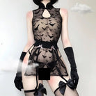 Sheer Bat Embellished Dress with High Collar and Keyhole Design - costume