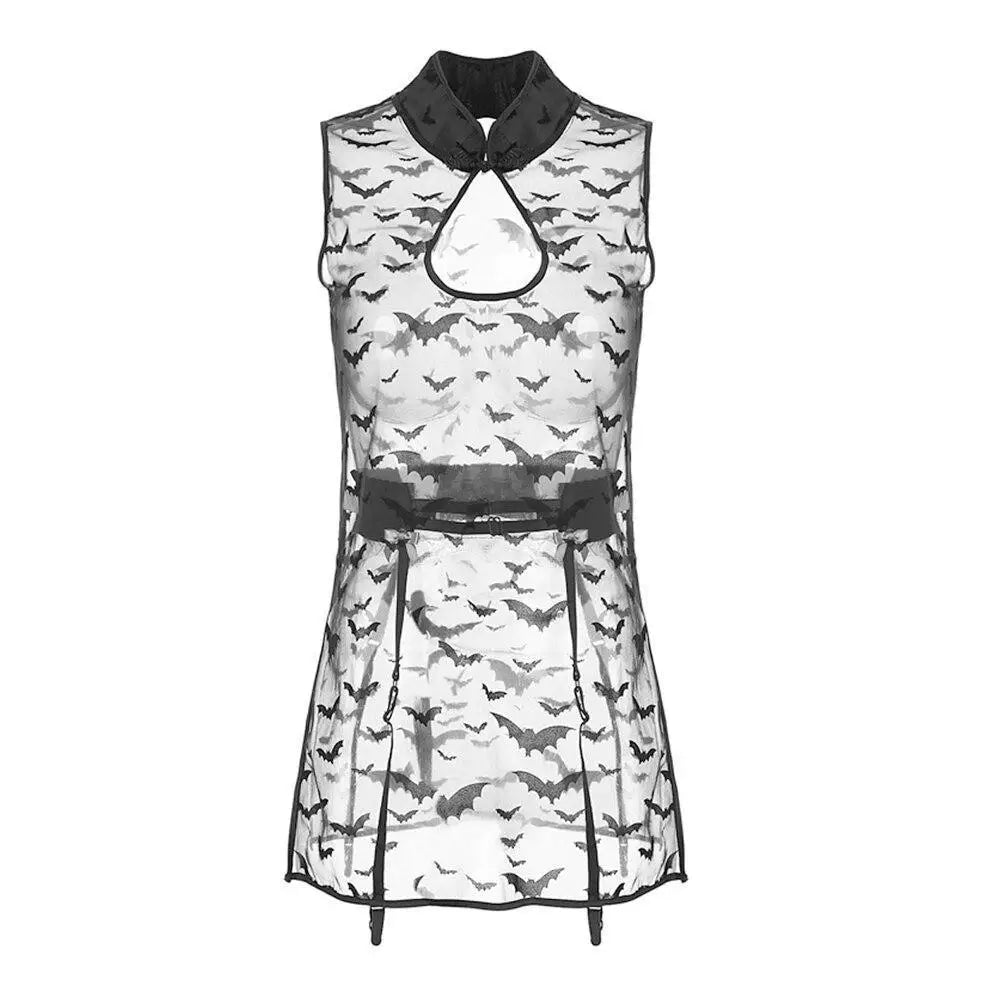 Sheer Bat Embellished Dress with High Collar and Keyhole Design - Cosparty