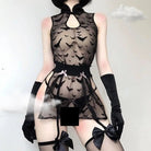 Sheer Bat Embellished Dress with High Collar and Keyhole Design - Cosparty