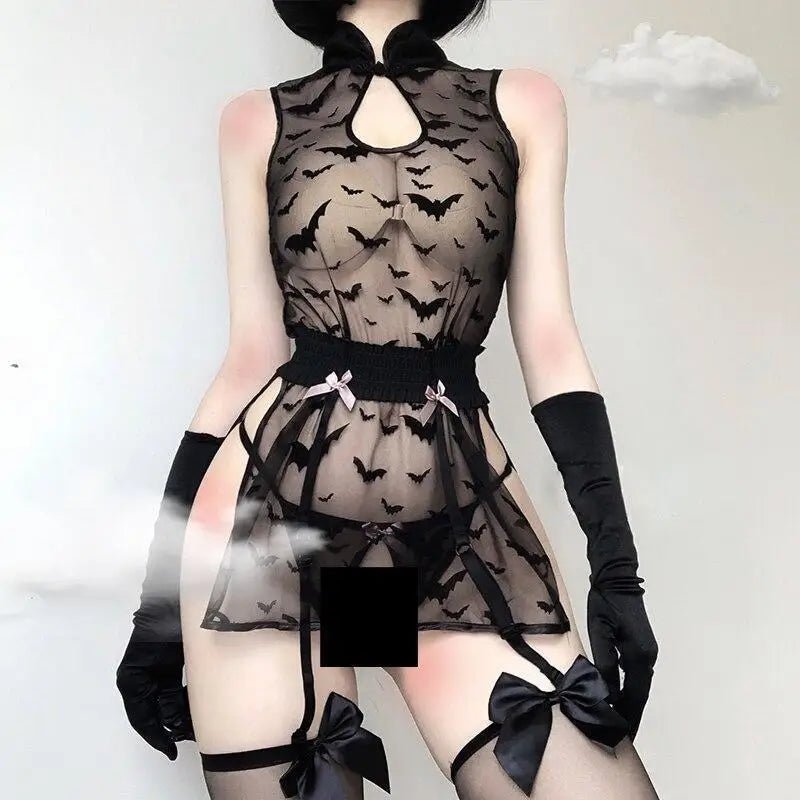 Sheer Bat Embellished Dress with High Collar and Keyhole Design - Cosparty