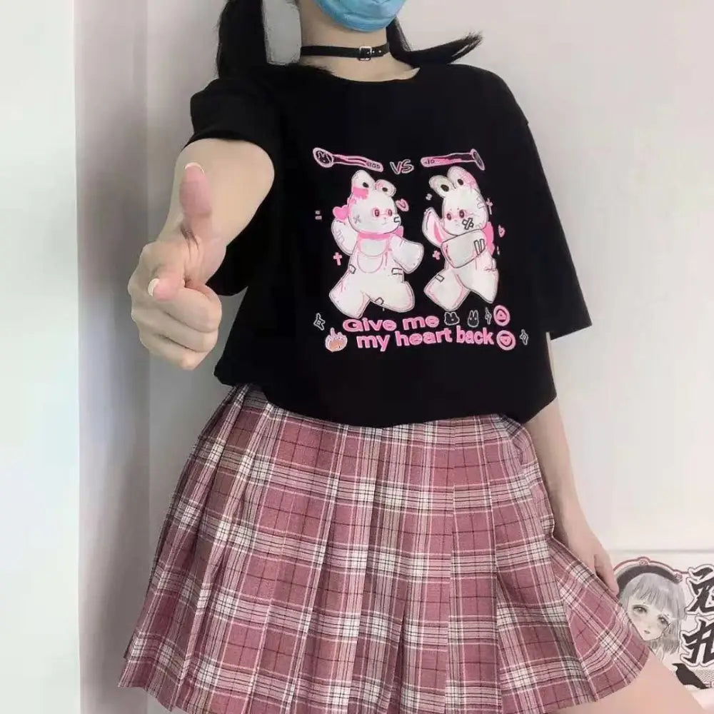 Sickly Sweet Pastel Goth Crop Top with Fighter Bunny Design - shirt