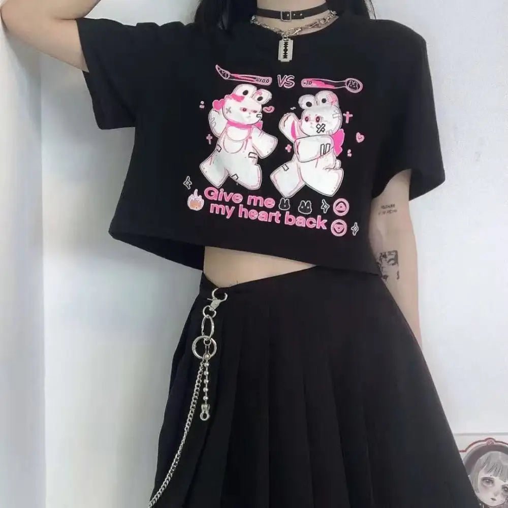 Sickly Sweet Pastel Goth Crop Top with Fighter Bunny Design - Cosparty