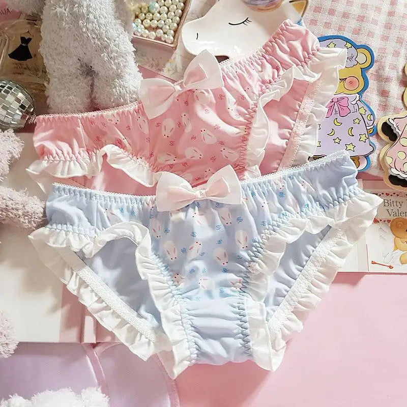 Silky Panties with Ruffle Trim and Charming Bunny Print - underwear