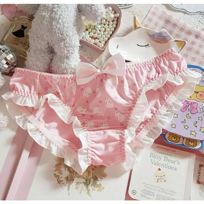 Silky Panties with Ruffle Trim and Charming Bunny Print - Pink / M - underwear