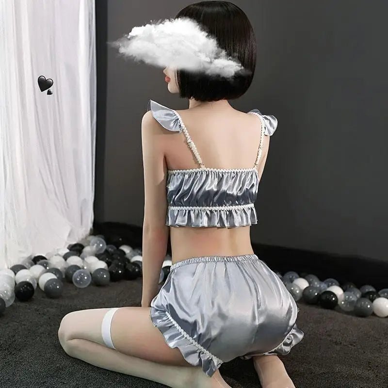 Silky Satin Lace - Up Lingerie Sleep Set with Ruffled Trim and Bows - Cosparty