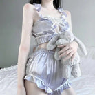 Silky Satin Lace - Up Lingerie Sleep Set with Ruffled Trim and Bows - Cosparty