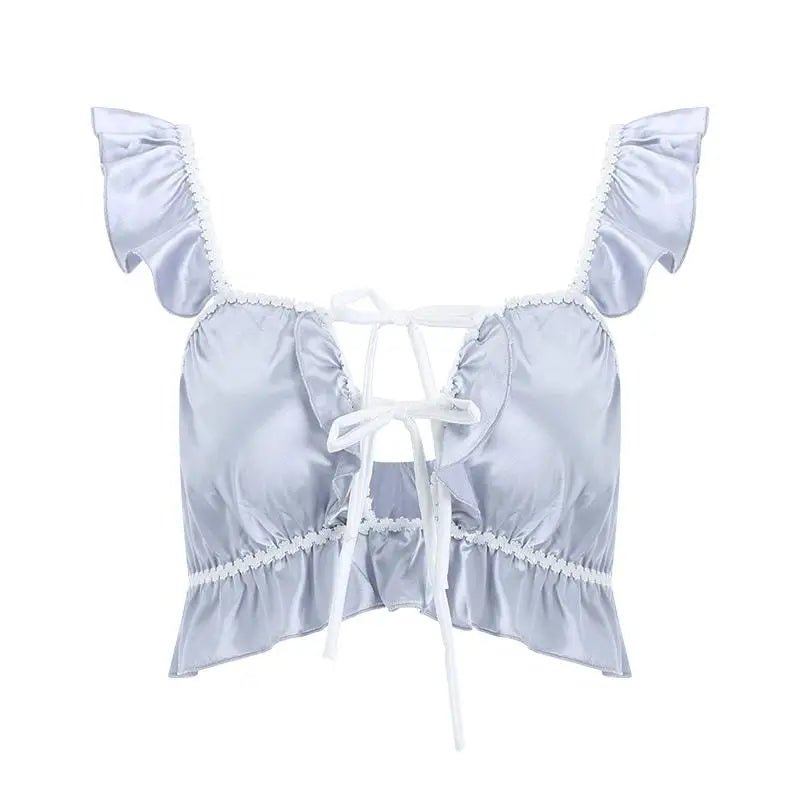 Silky Satin Lace - Up Lingerie Sleep Set with Ruffled Trim and Bows - Cosparty