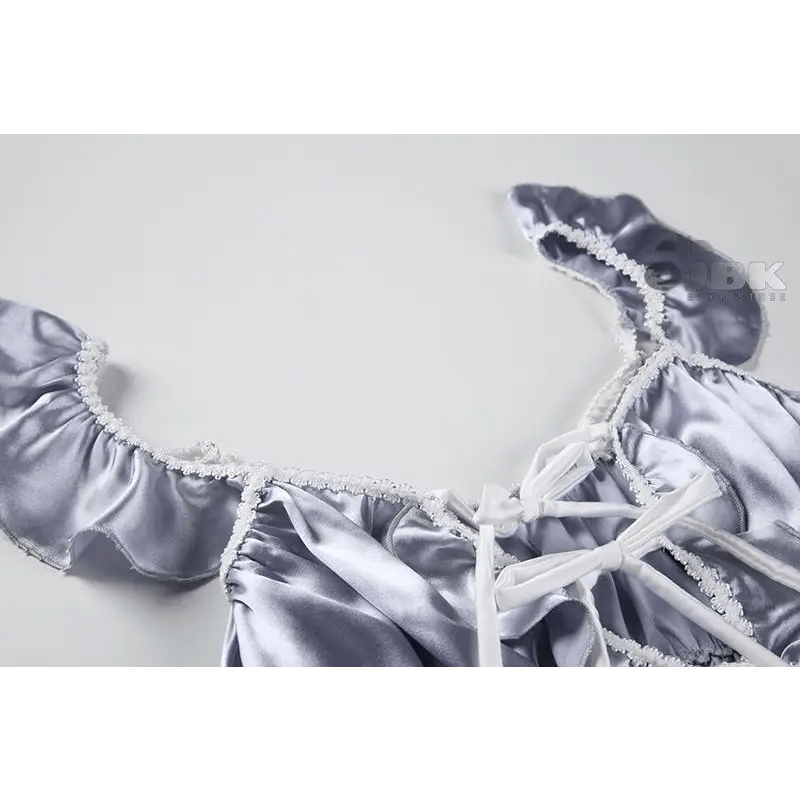 Silky Satin Lace - Up Lingerie Sleep Set with Ruffled Trim and Bows - Cosparty