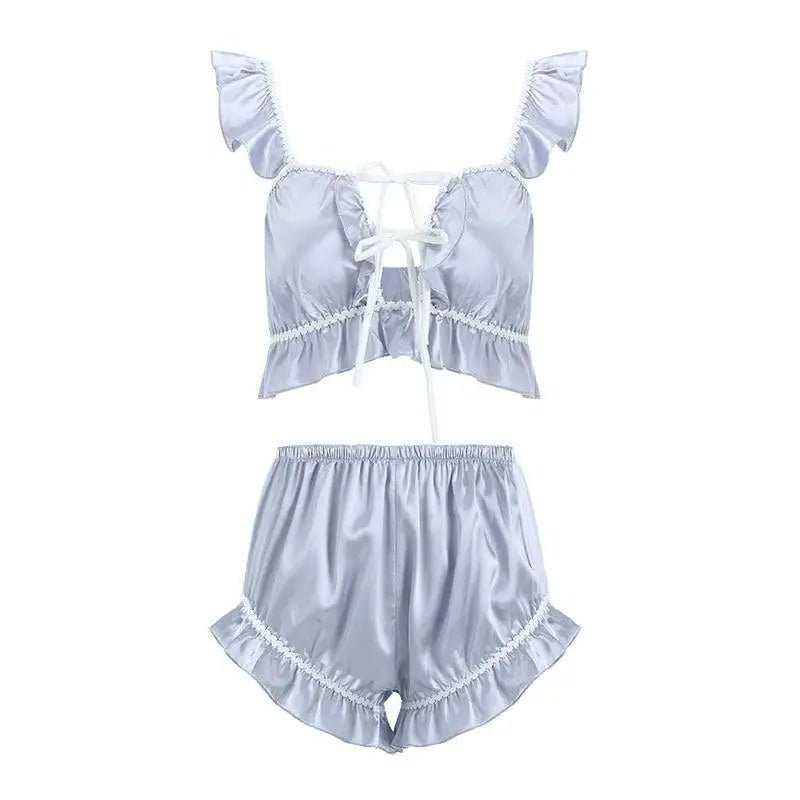 Silky Satin Lace - Up Lingerie Sleep Set with Ruffled Trim and Bows - Cosparty