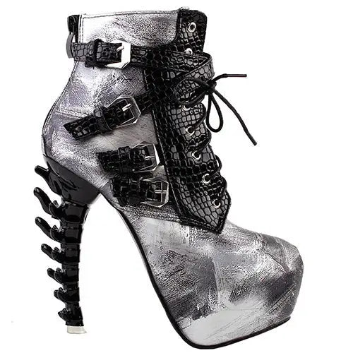 edgy punk rock snake skin ankle booties gothic fashion boots 3d spinal cord heels snakeskin vegan leather strappy lace up buckle shoes streetwear by Cosparty