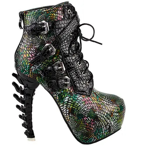 edgy punk rock snake skin ankle booties gothic fashion boots 3d spinal cord heels snakeskin vegan leather strappy lace up buckle shoes streetwear by Cosparty