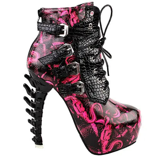 edgy punk rock snake skin ankle booties gothic fashion boots 3d spinal cord heels snakeskin vegan leather strappy lace up buckle shoes streetwear by Cosparty