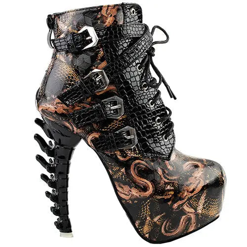 edgy punk rock snake skin ankle booties gothic fashion boots 3d spinal cord heels snakeskin vegan leather strappy lace up buckle shoes streetwear by Cosparty