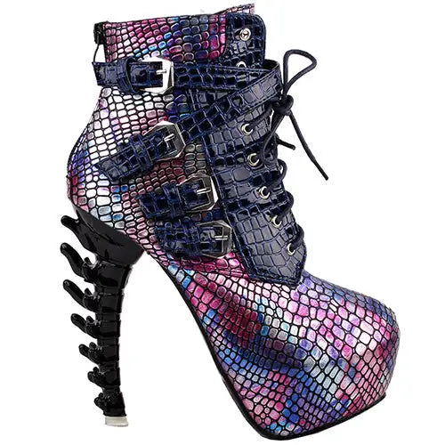 edgy punk rock snake skin ankle booties gothic fashion boots 3d spinal cord heels snakeskin vegan leather strappy lace up buckle shoes streetwear by Cosparty