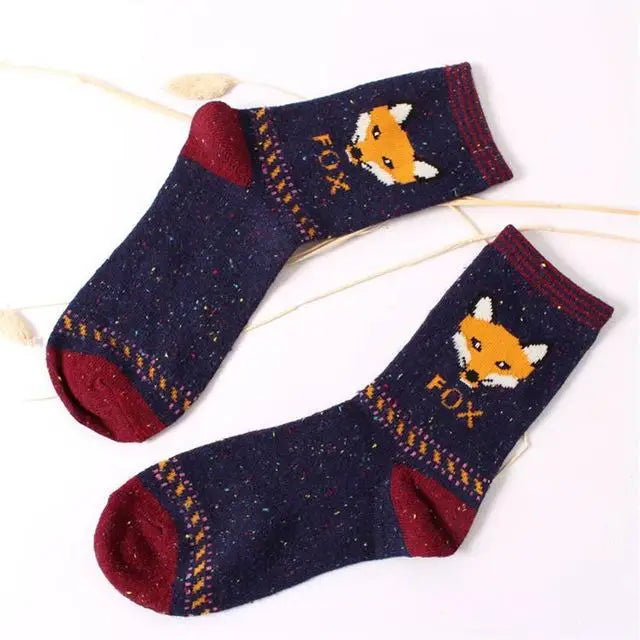 Snow Fox Christmas Socks with Embroidered Design and Vibrant Colors - Navy Fox - socks