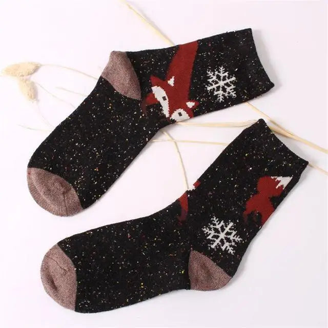 Snow Fox Christmas Socks with Embroidered Design and Vibrant Colors - Black Fox Snowflake - socks