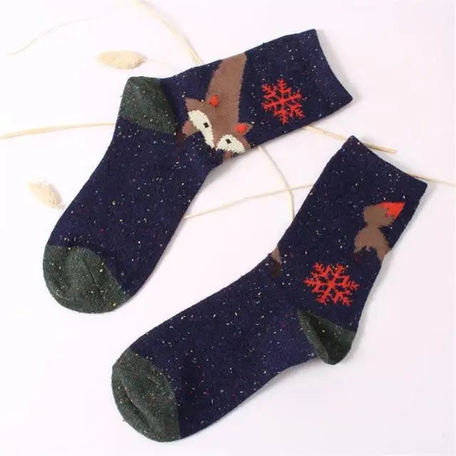 Snow Fox Christmas Socks with Embroidered Design and Vibrant Colors - Navy Fox Snowflake - socks