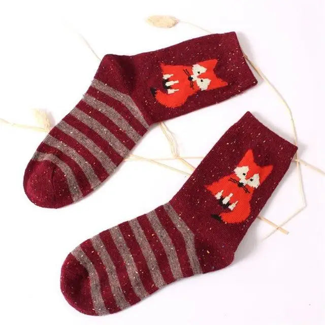 Snow Fox Christmas Socks with Embroidered Design and Vibrant Colors - Red Fox Stripes - socks