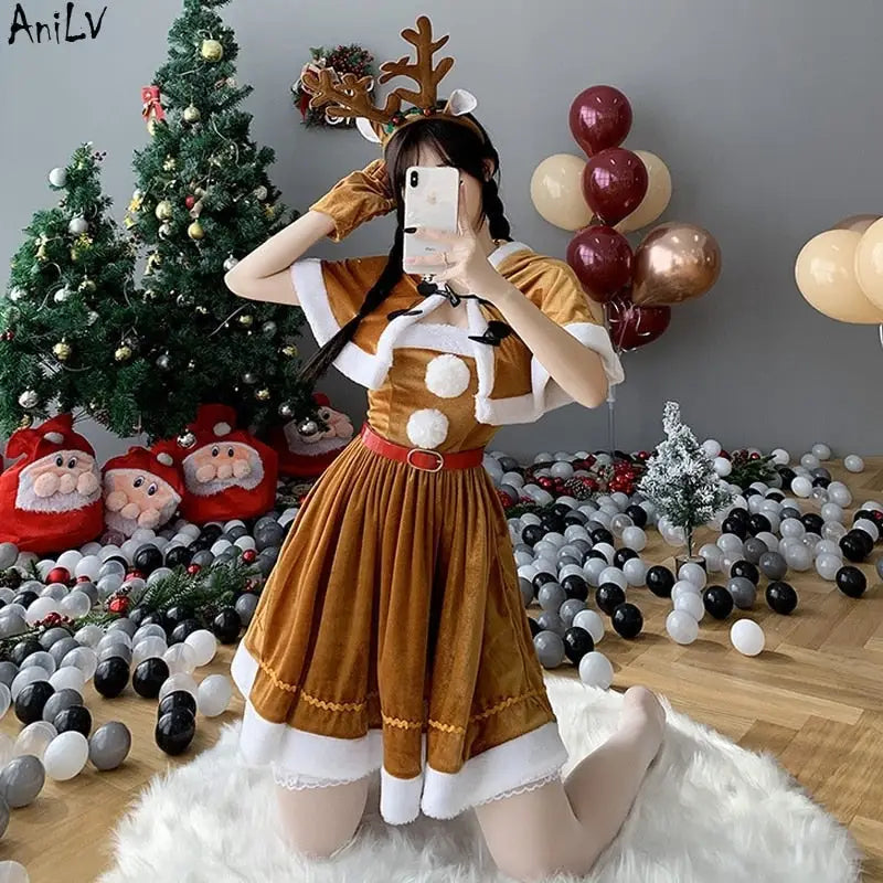 Soft Brown Reindeer-Inspired Holiday Dress and Cosplay Set - dress