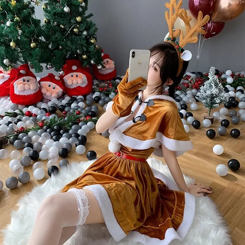 Soft Brown Reindeer-Inspired Holiday Dress and Cosplay Set - dress